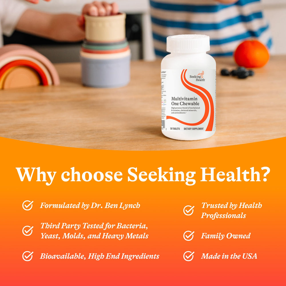 Seeking Health Optimal Multivitamin Chewable on-the-go icon demonstrates convenient daily use.