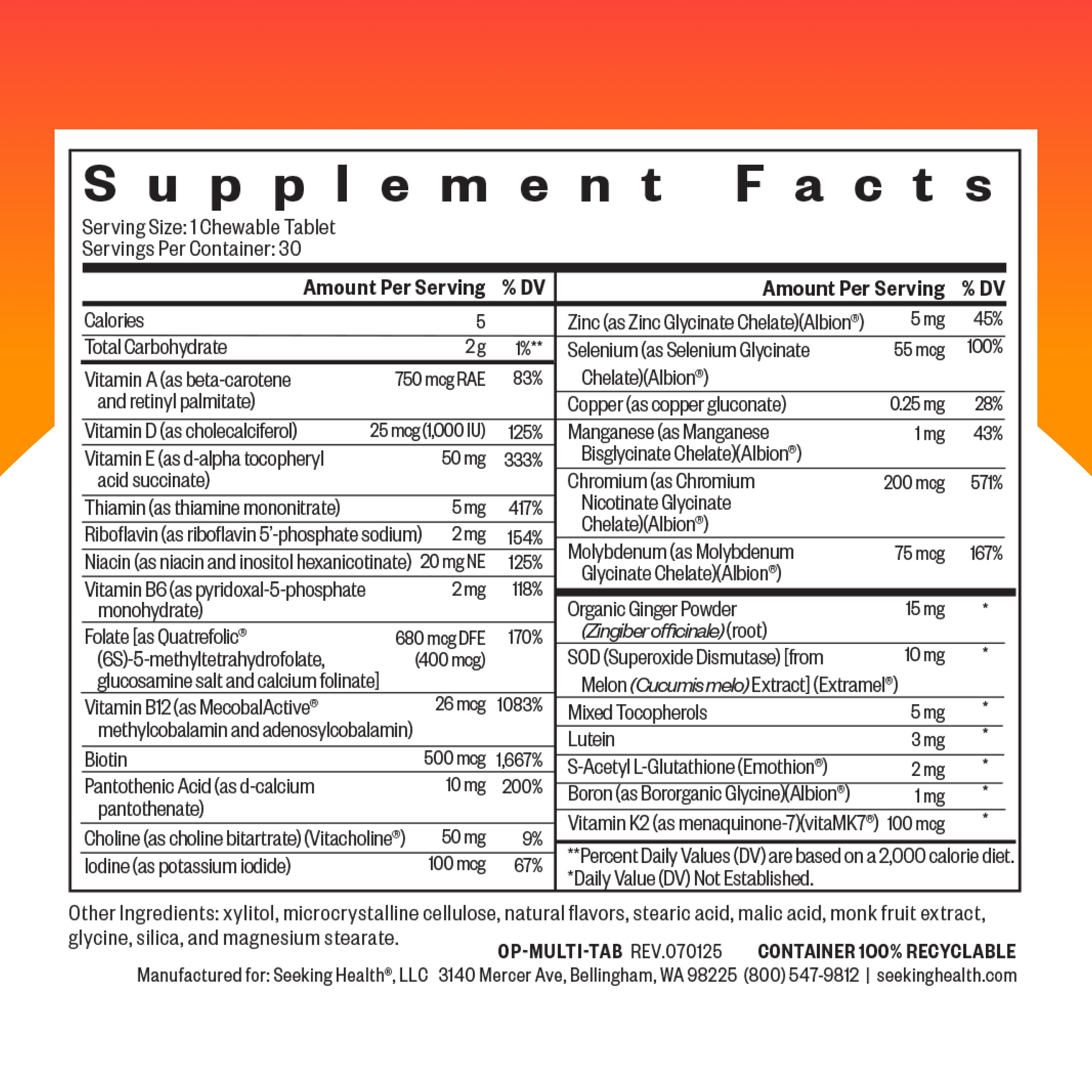 Seeking Health Optimal Multivitamin Chewable tablets close-up highlights bioavailable B12 for methylation support.