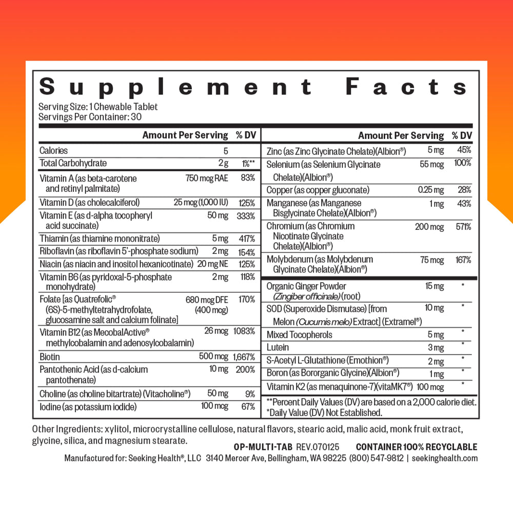 Seeking Health Optimal Multivitamin Chewable tablets close-up highlights bioavailable B12 for methylation support.