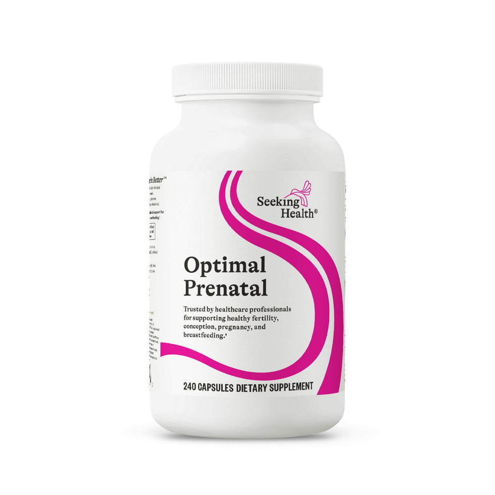 Seeking Health Optimal Prenatal bottle pour shows capsules for prenatal support