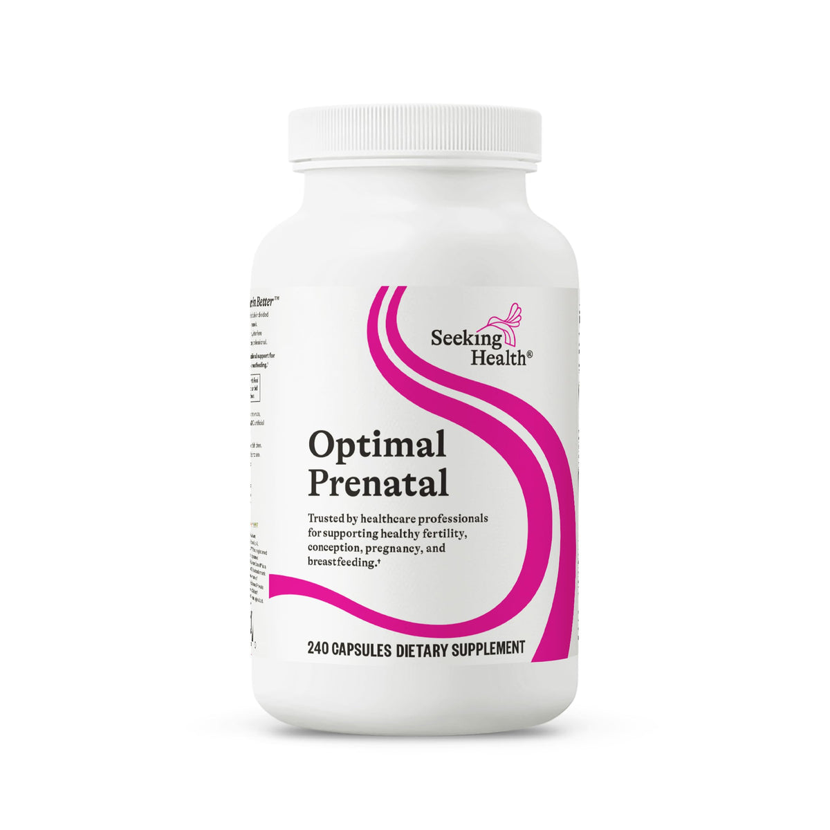 Seeking Health Optimal Prenatal bottle pour shows capsules for prenatal support