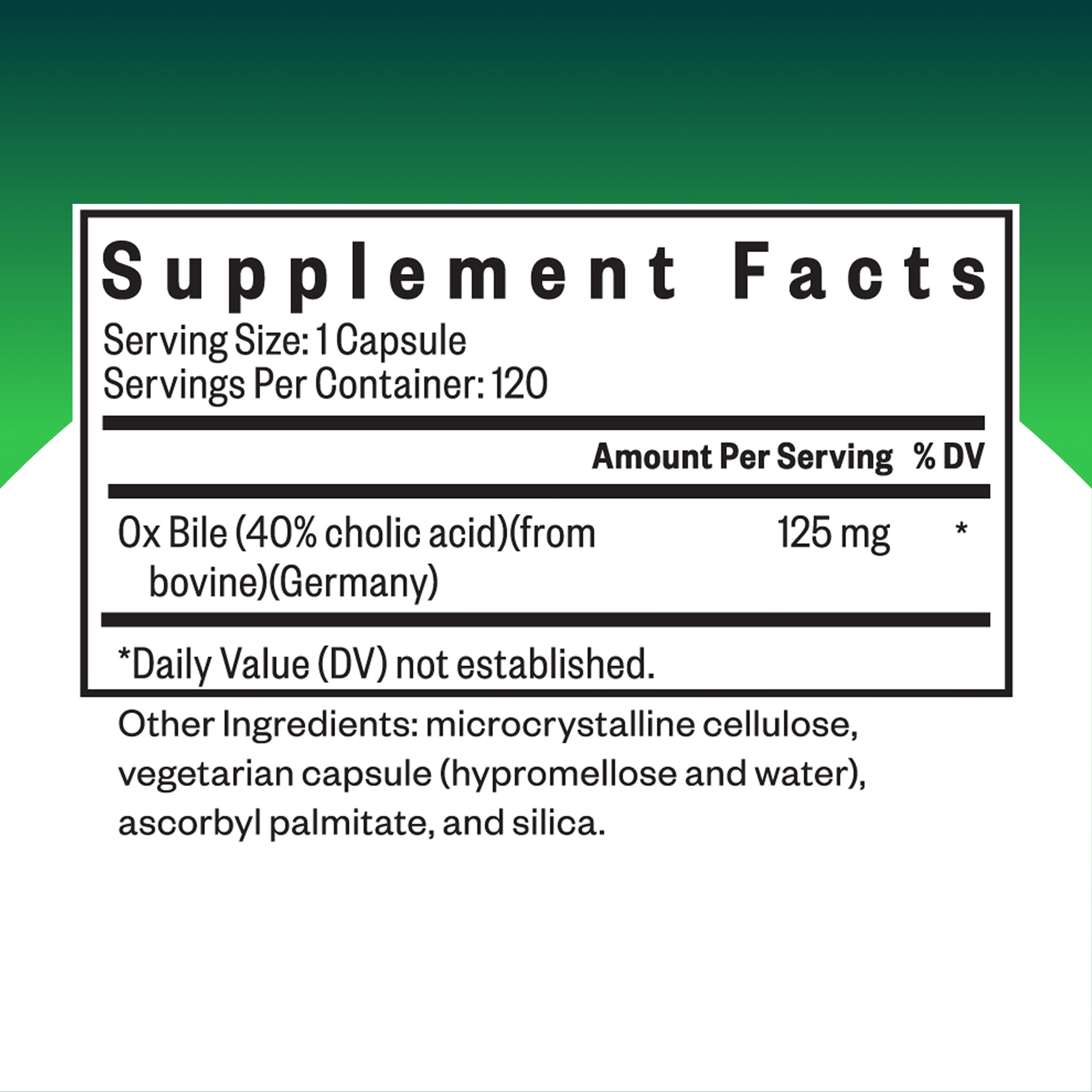 Seeking Health Ox Bile bottle label close-up showing 125 mg dose for digestion.