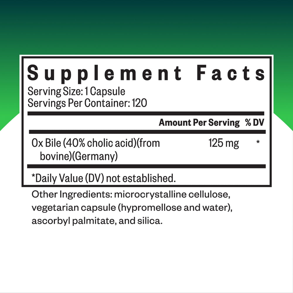 Seeking Health Ox Bile bottle label close-up showing 125 mg dose for digestion.