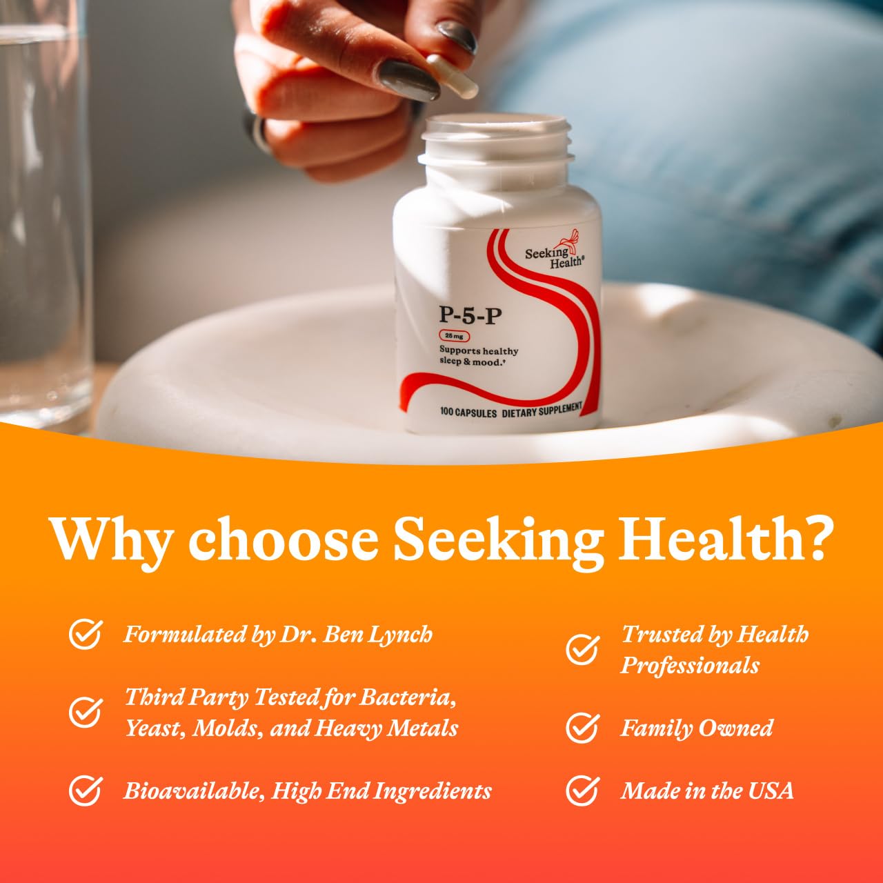 GMO-free and allergen-free badge on Seeking Health P-5-P