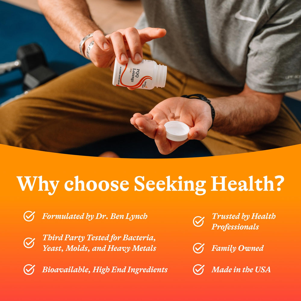 Ingredients panel of Seeking Health PQQ Lozenge with allergen-free profile.