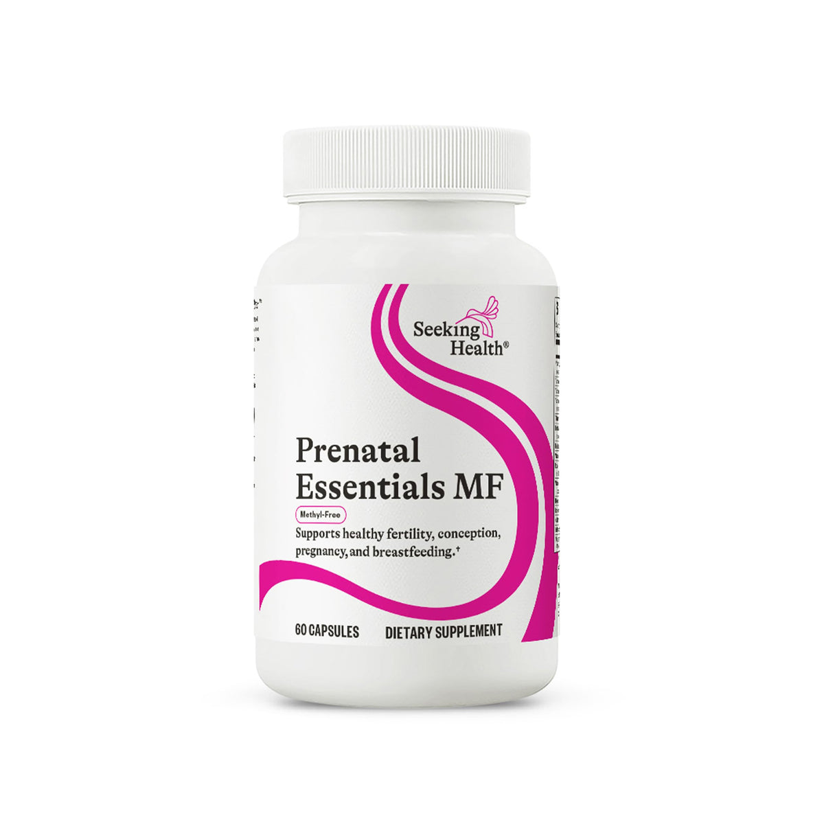 Seeking Health Prenatal Essentials bottle front shows methyl-free formula for pregnancy support.