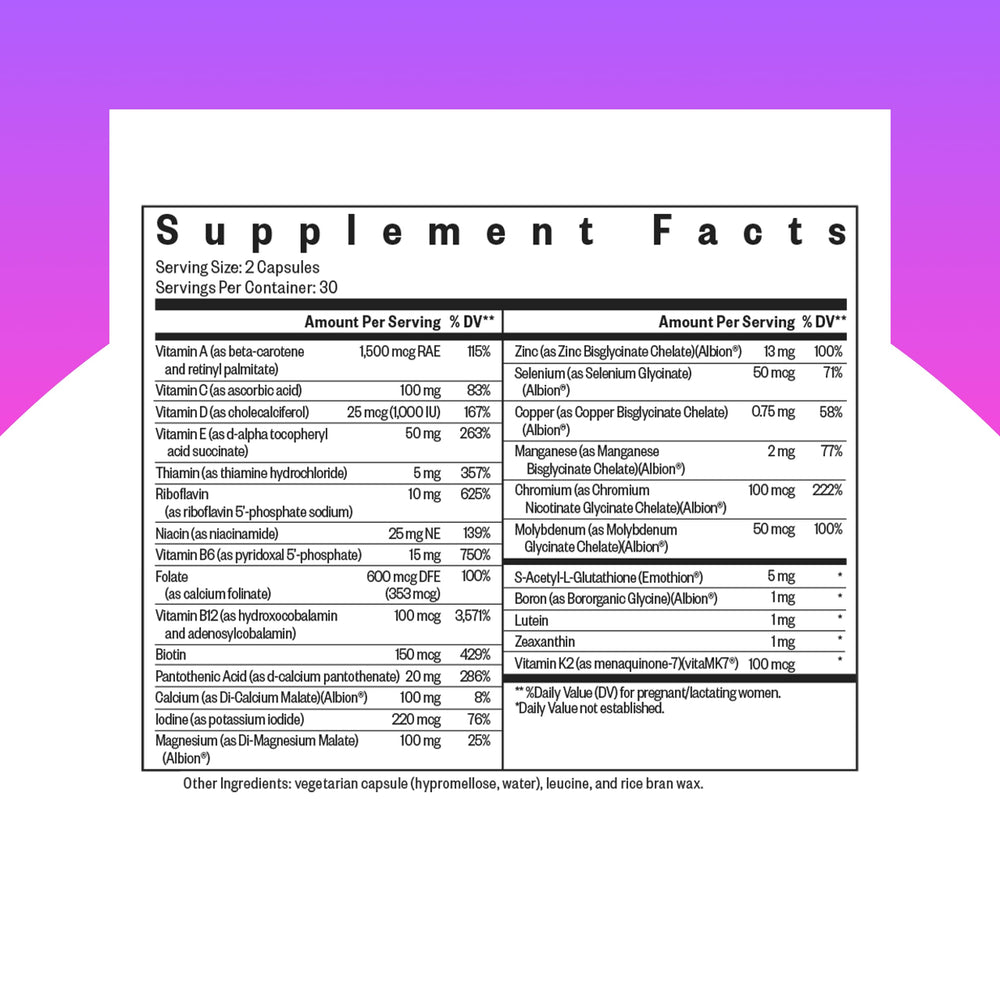 Seeking Health Prenatal Essentials bottle label highlights zinc, vitamin D3, and K2 for overall wellness.