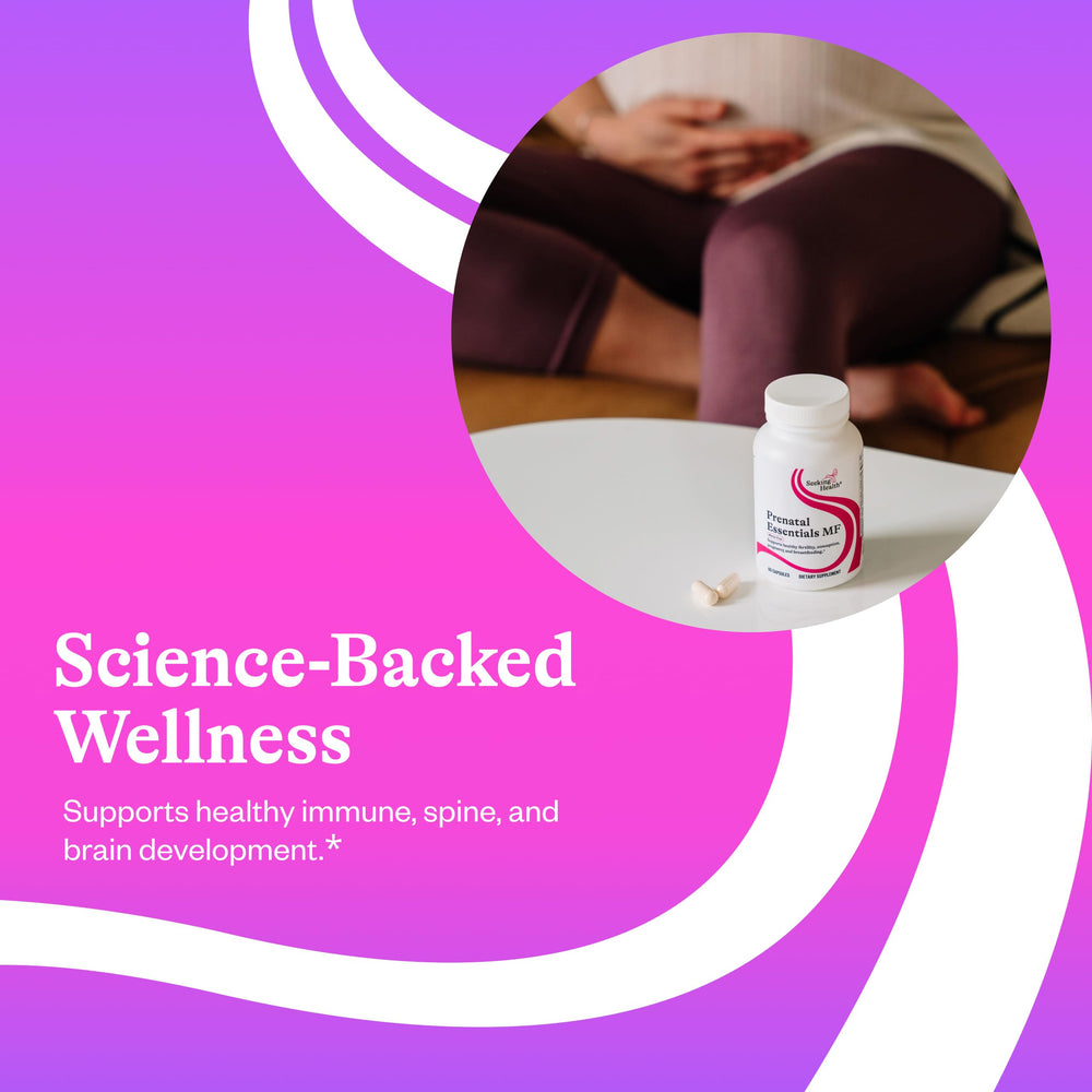 Seeking Health Prenatal Essentials capsules near bottle cap illustrate two-capsule daily serving.