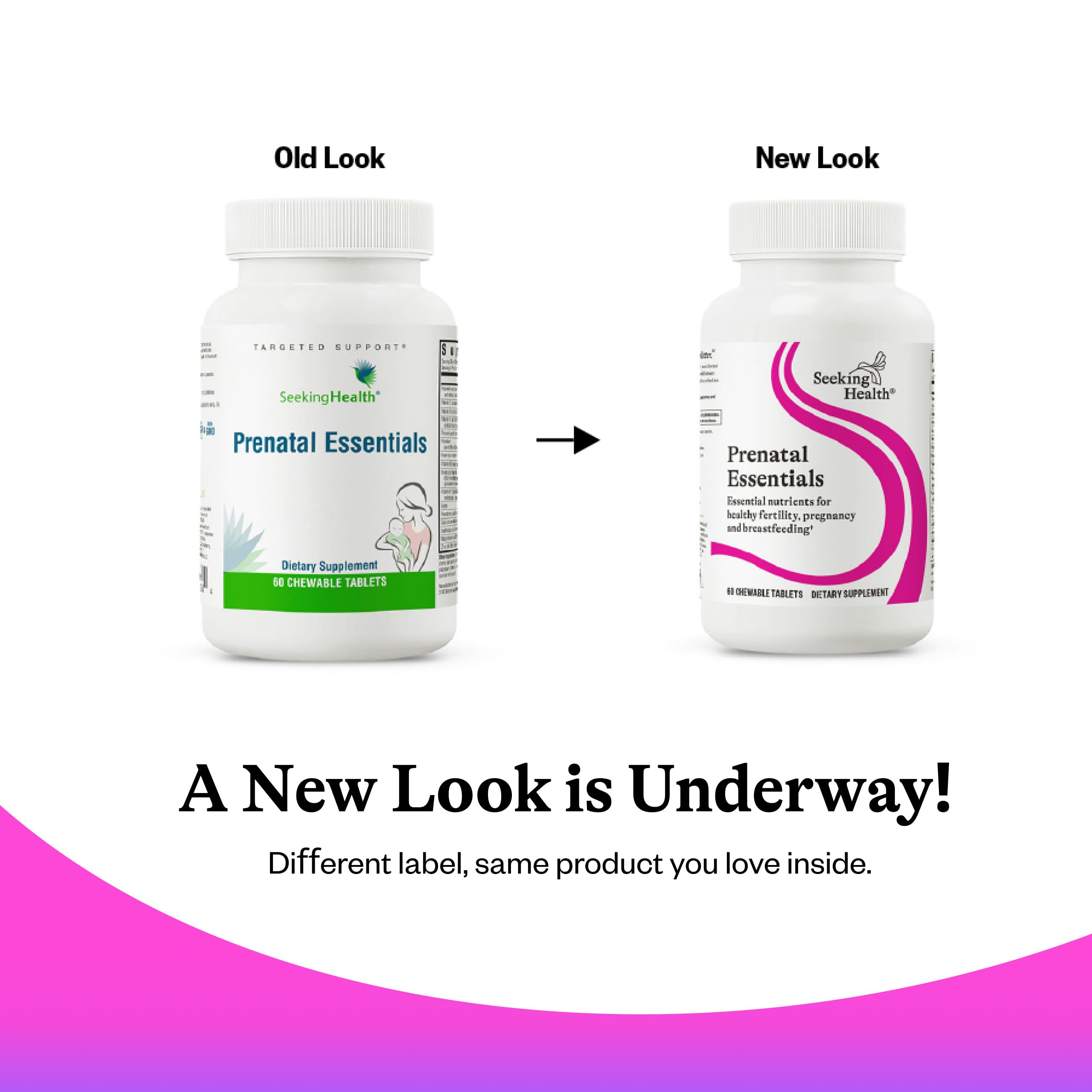 Allergen-free symbol on Seeking Health Prenatal Essentials bottle communicates safety for sensitive diets.