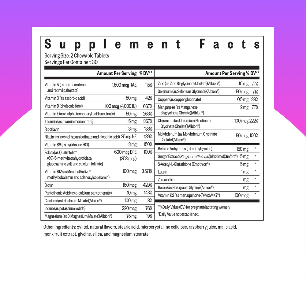 Closeup of chewable tablets from Seeking Health Prenatal Essentials for easy daily intake.