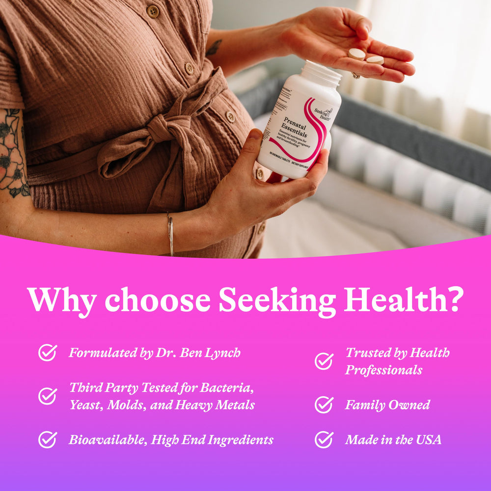 Xylitol-sweetened note on Seeking Health Prenatal Essentials chewables indicates sugar-free flavor.