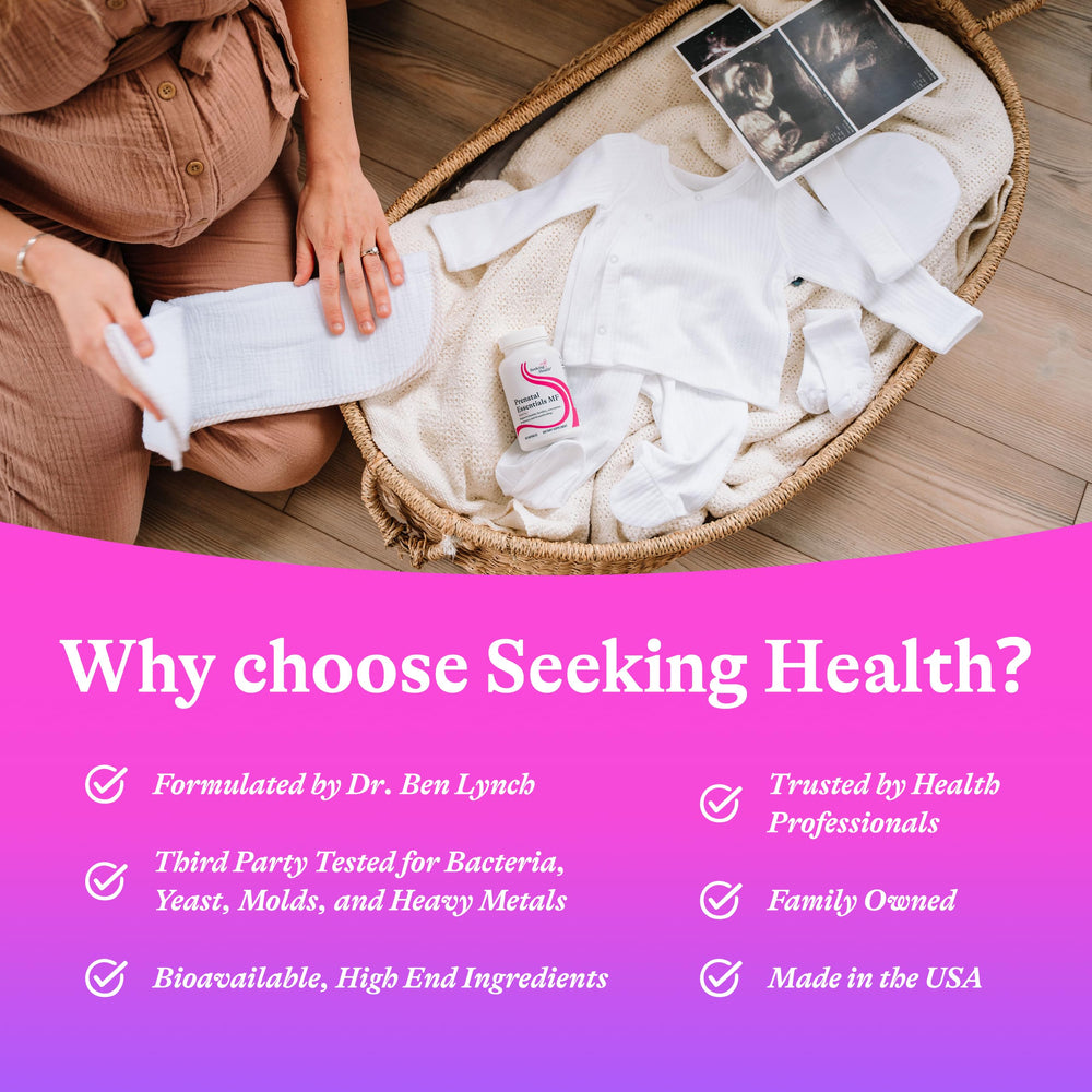 Seeking Health Prenatal Essentials vitamin D3 and K2 infusion illustrated on the label.