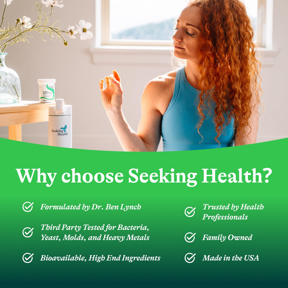 Seeking Health ProBiota Bifidobacterium vegan-friendly symbol, supports allergen-friendly digestive care.