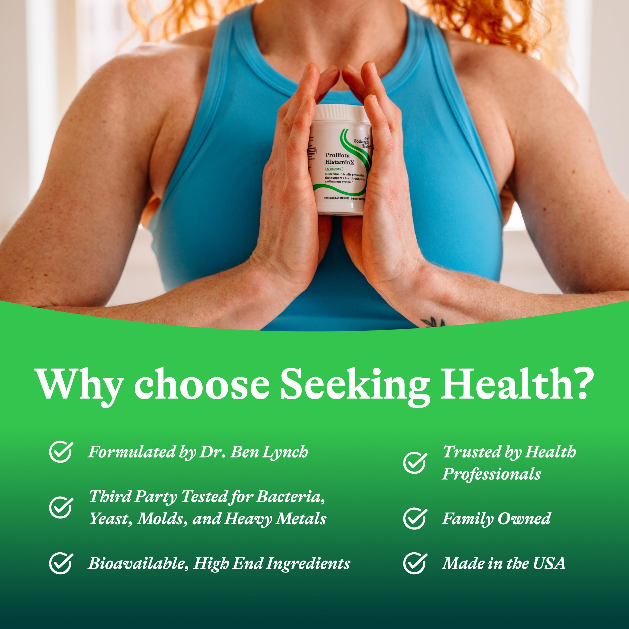 Seeking Health HistaminX Lactobacillus Salivarius focus graphic highlights immune support.