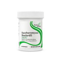 Seeking Health Saccharomyces boulardii bottle showing a shelf-stable probiotic for digestion support