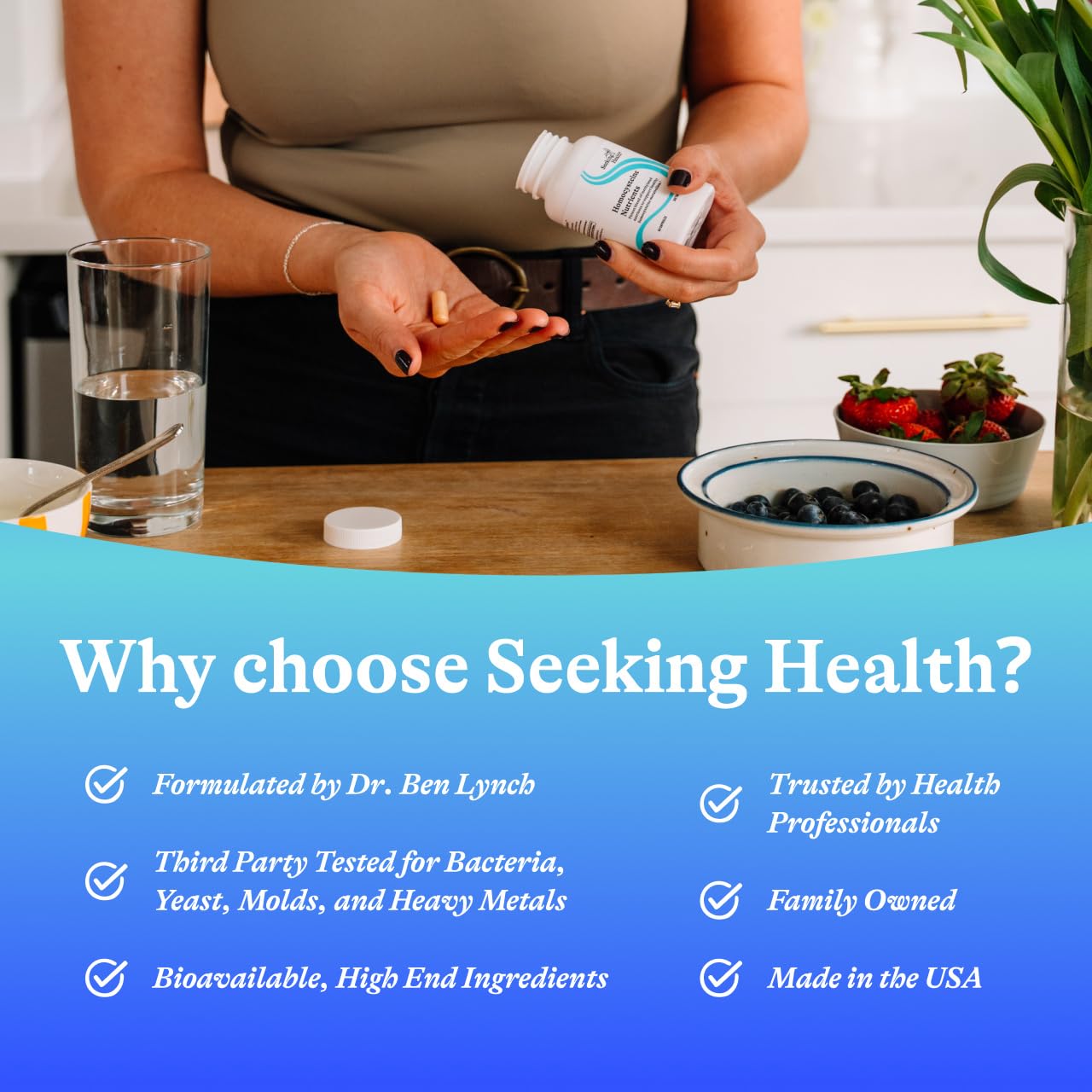 Seeking Health sealed amber bottle signals quality packaging