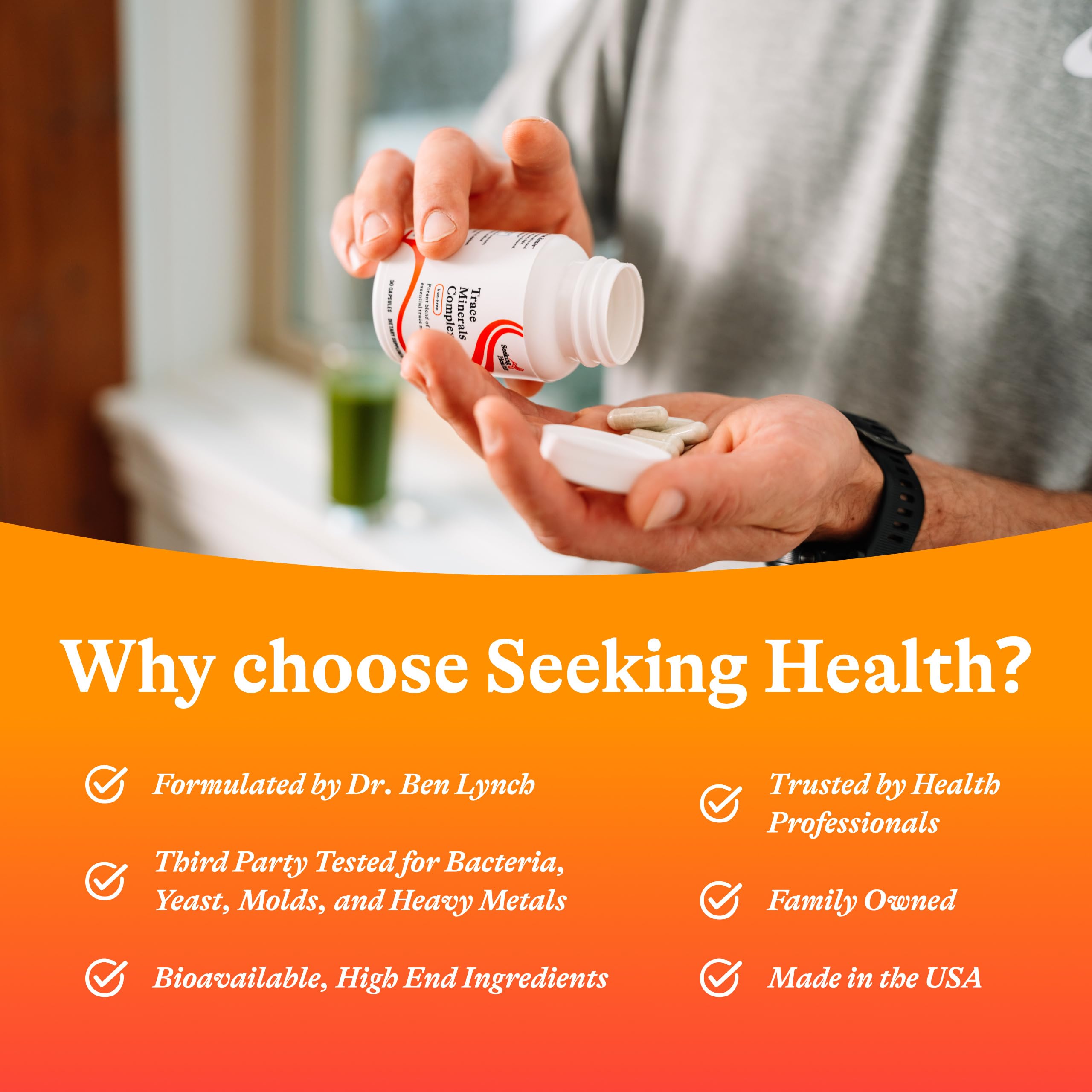 Seeking Health Trace Minerals Complex capsules in hand illustrate portable wellness option.