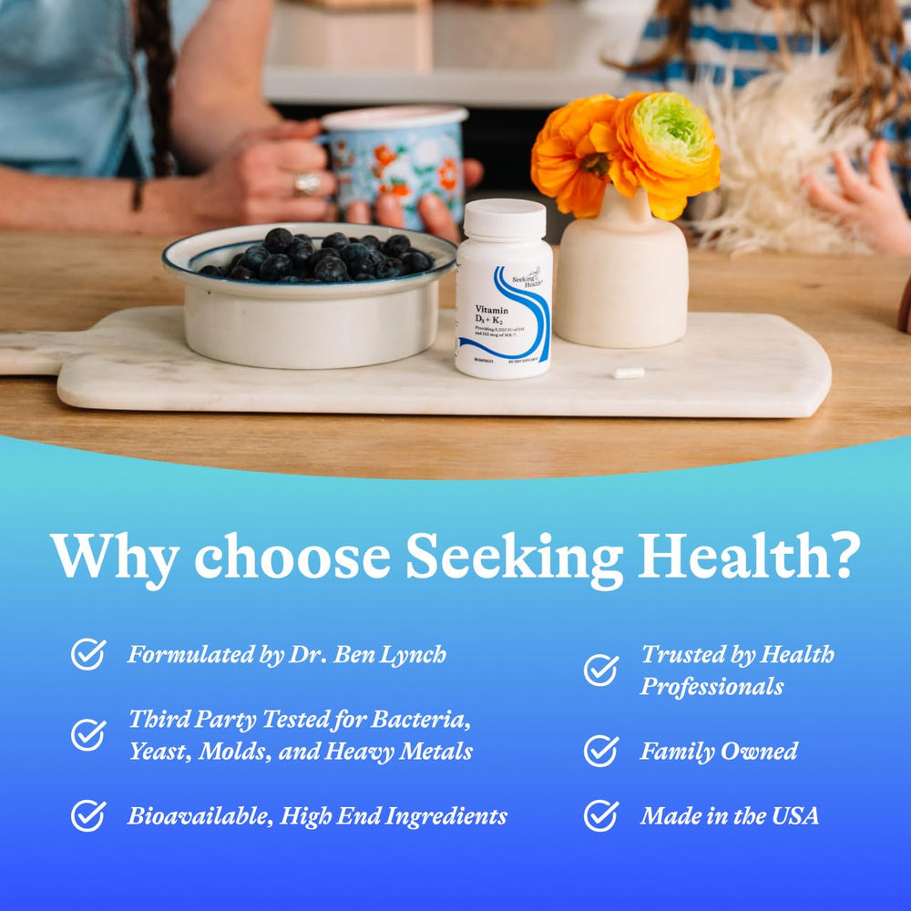Seeking Health Vitamin D3 + K2 bottle shows absorption-friendly nutrient structure
