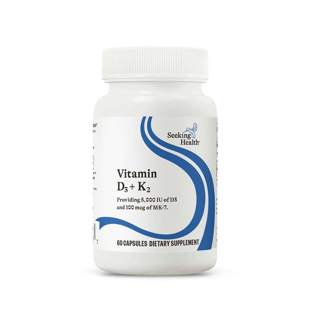 Seeking Health Vitamin D3 + K2 bottle front showing vegetarian capsules for bone support