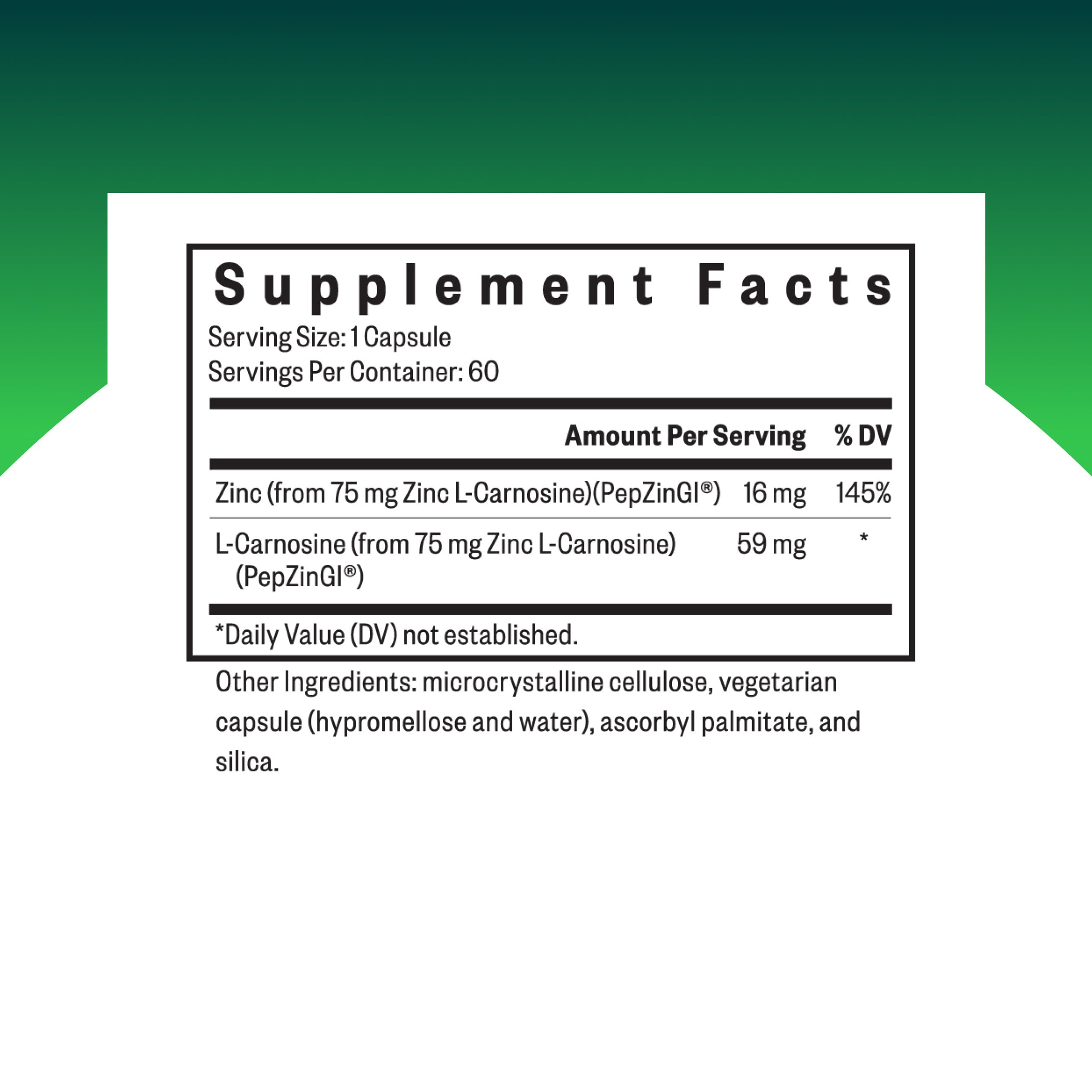Seeking Health Zinc Carnosine capsules ready for routine immune and gut care.