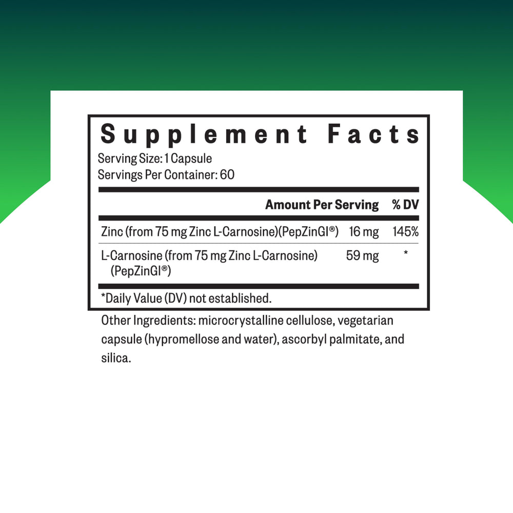 Seeking Health Zinc Carnosine capsules ready for routine immune and gut care.
