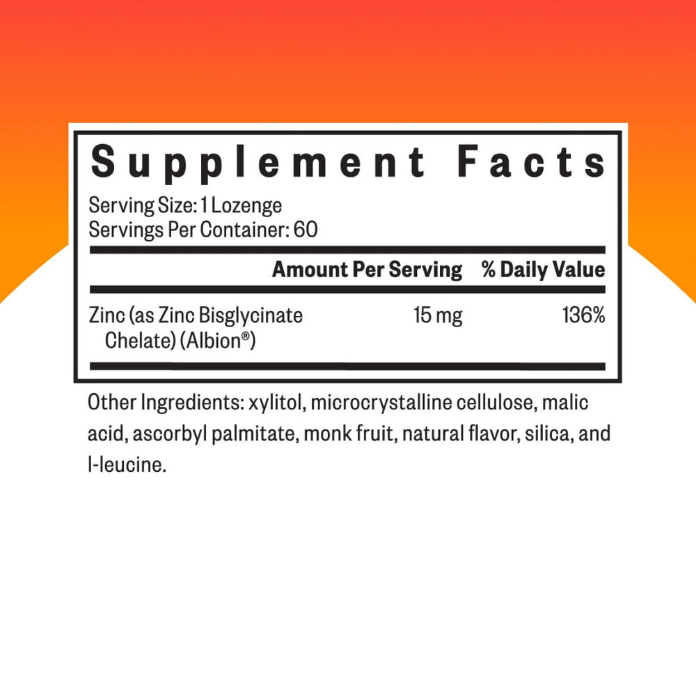 Seeking Health zinc lozenge bottle closeup with chelated zinc bisglycinate label.