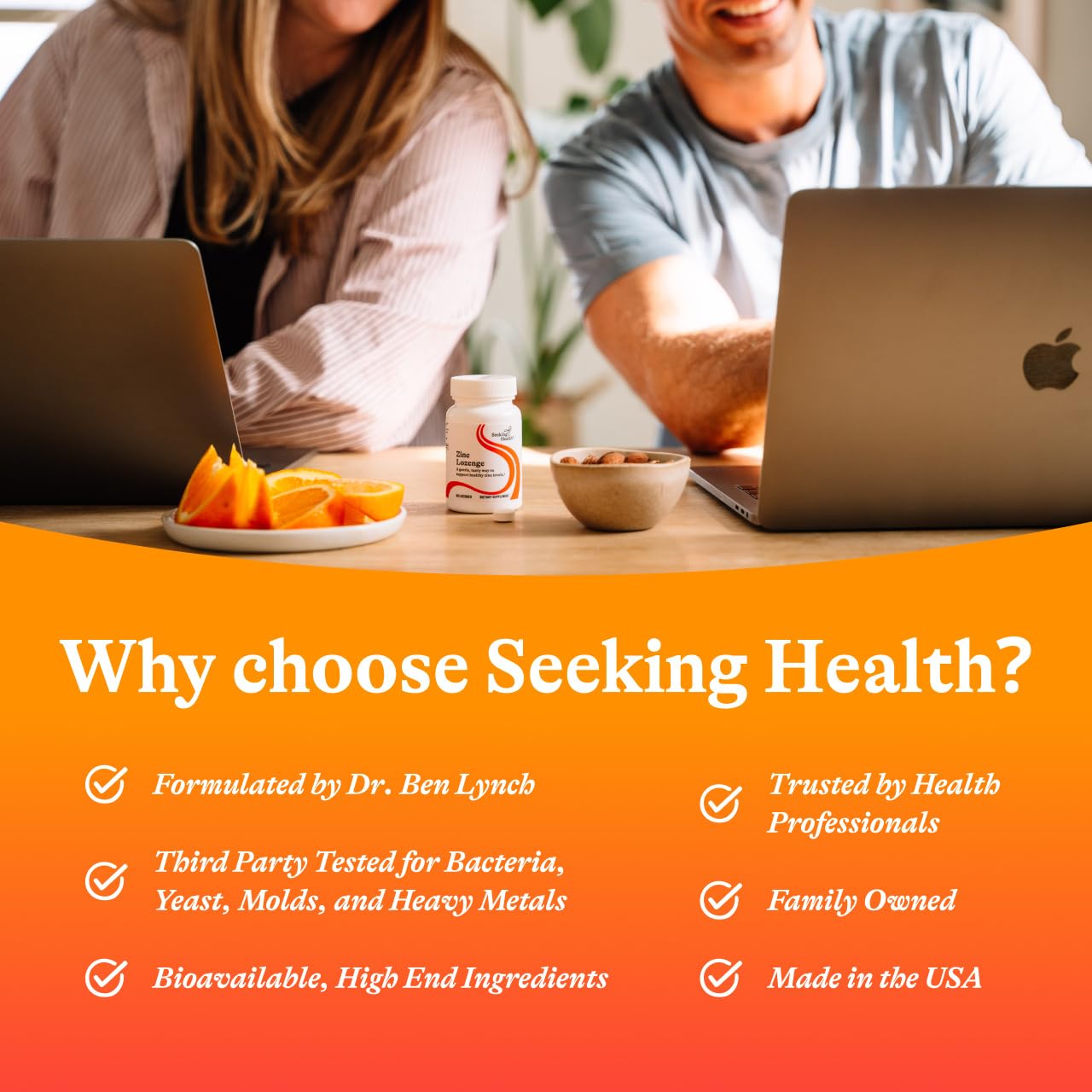 Seeking Health zinc lozenge on shelf with immune-support messaging.