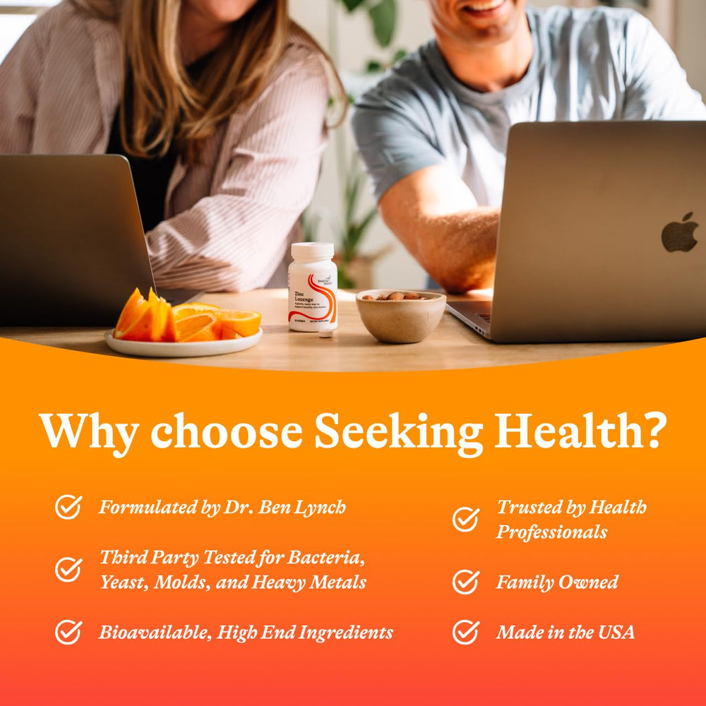Seeking Health zinc lozenge on shelf with immune-support messaging.