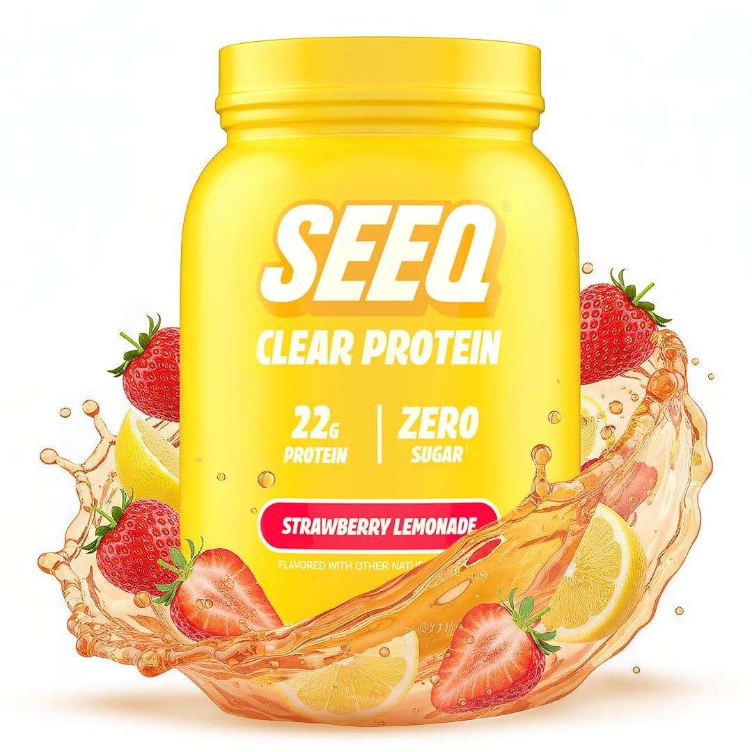 SEEQ Clear Whey Isolate Strawberry Lemonade bottle shown for post-workout refreshment.