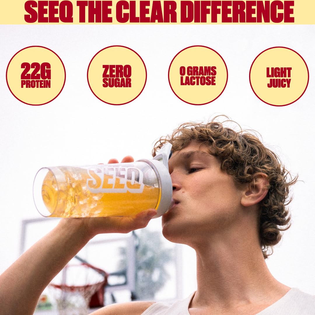 SEEQ Clear Whey Isolate Strawberry Lemonade glass with ice, ideal for on-the-go hydration.