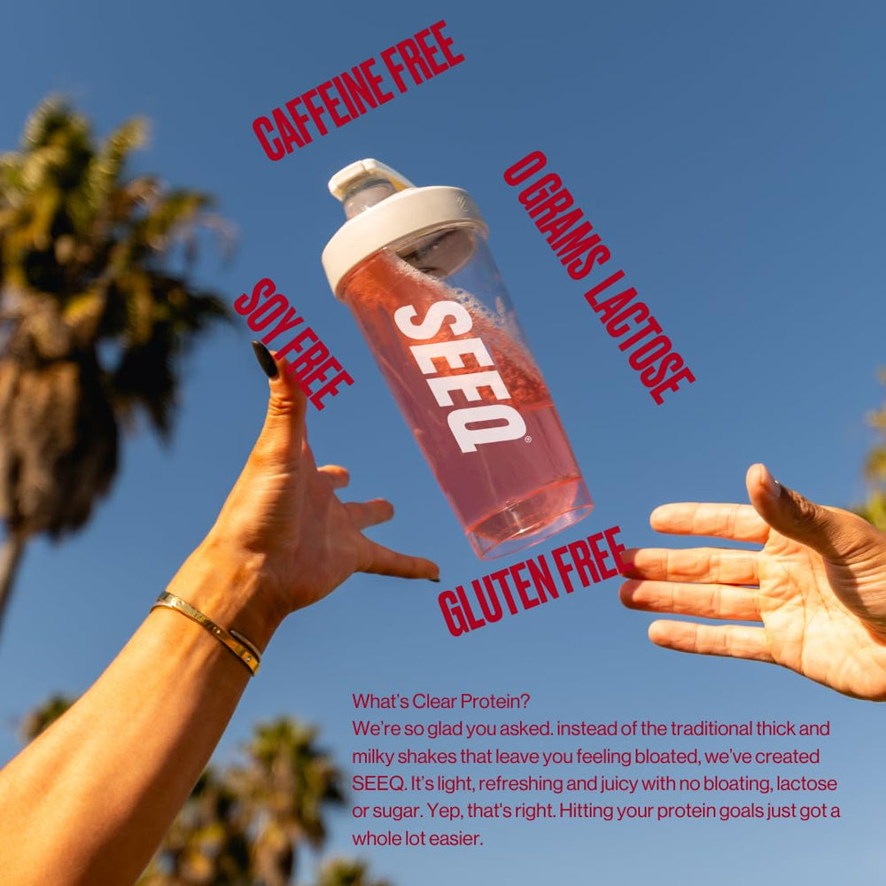 SEEQ Clear Whey Isolate Strawberry Lemonade nutrition label close-up for ingredients overview.