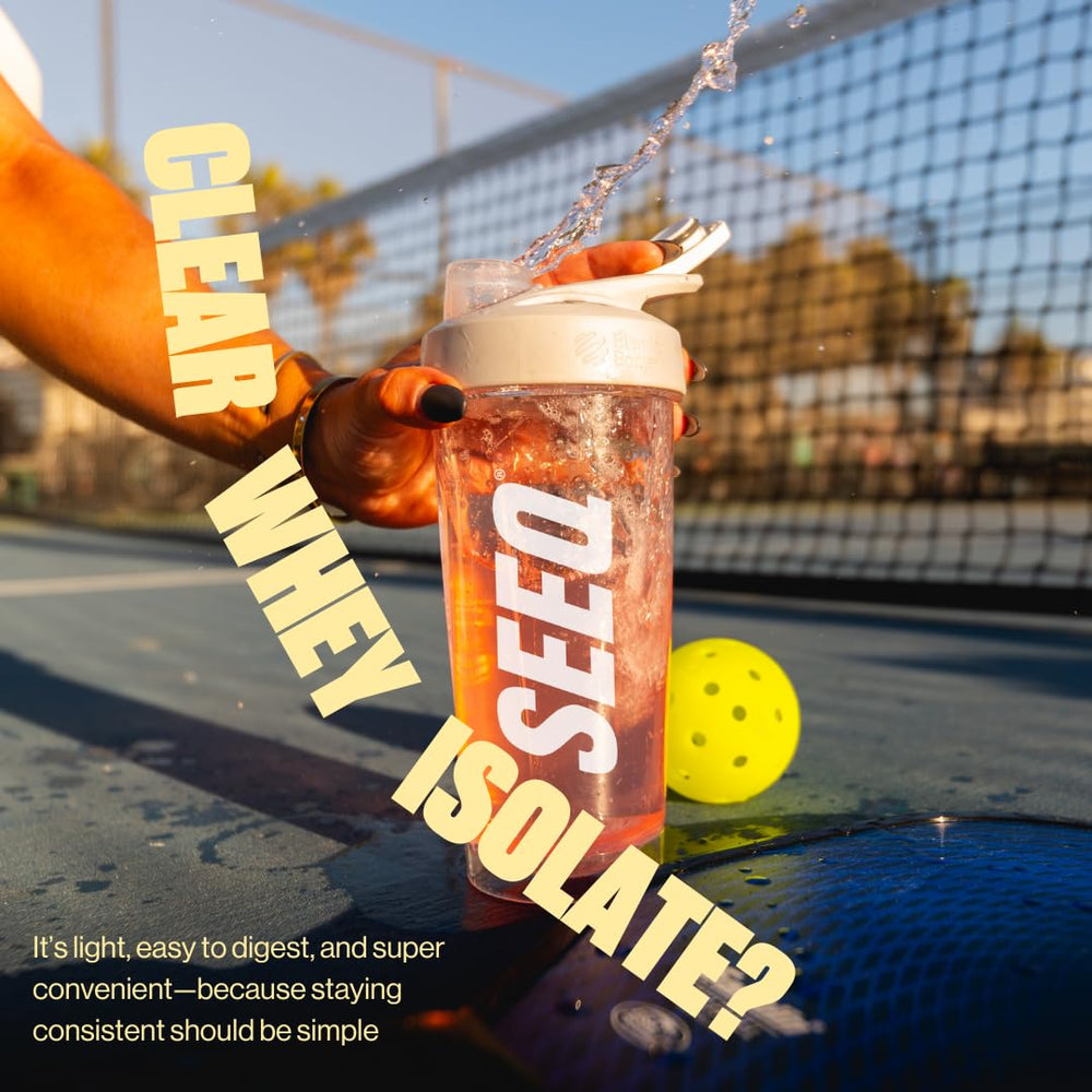 SEEQ Clear Whey Isolate Strawberry Lemonade powder scoop showing flavor notes and serving suggestion.