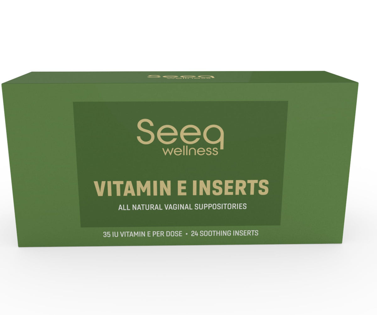 Seeq Wellness vitamin E suppositories packaging highlights natural ingredients for comfort