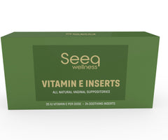 Seeq Wellness vitamin E suppositories packaging highlights natural ingredients for comfort