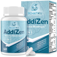 SehatiKu 17-in-1 brain supplement tablets bottle front shows the product box and tablets
