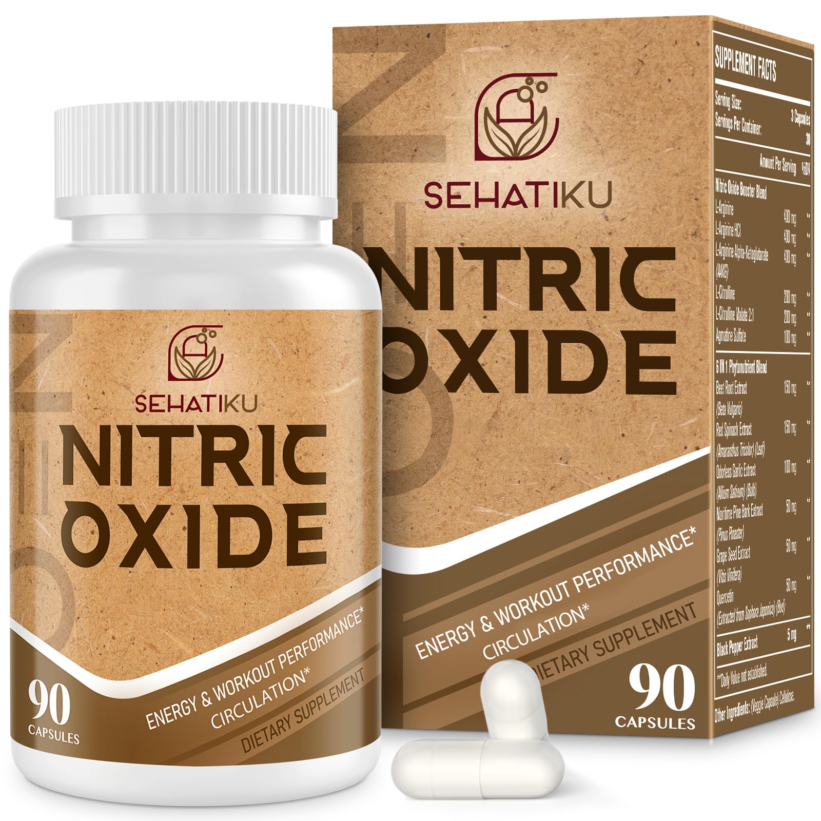 Sehatiku Nitric Oxide bottle shown for daily wellness support.