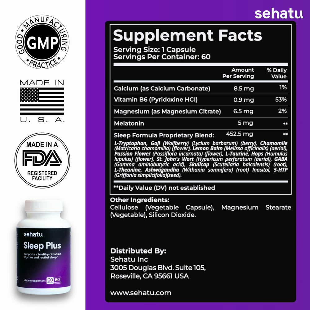 SEHATU Sleep Plus ingredient graphic highlighting melatonin and herbs.