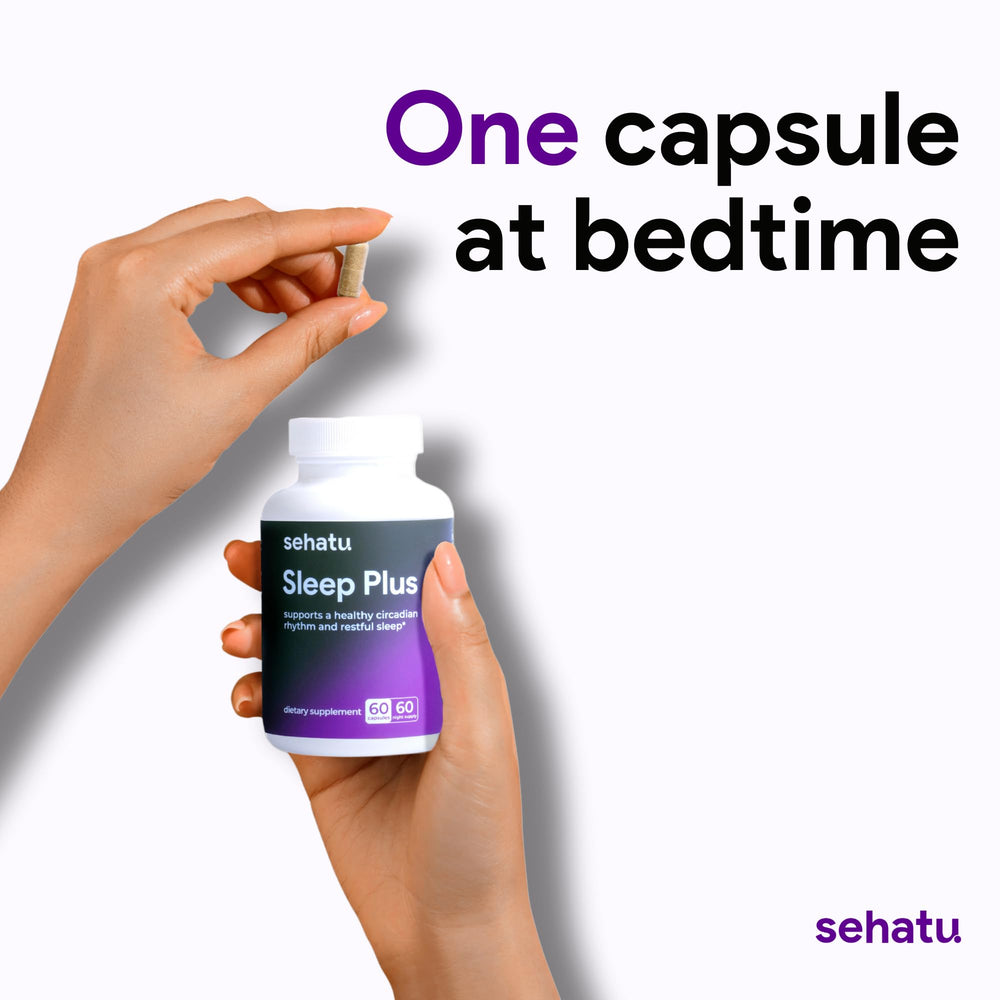 SEHATU Sleep Plus nightstand bottle beside water.