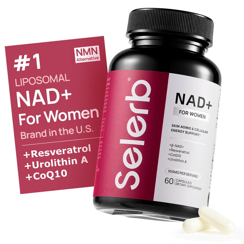 Selerb NAD+ bottle with capsules promotes energy and radiant skin.