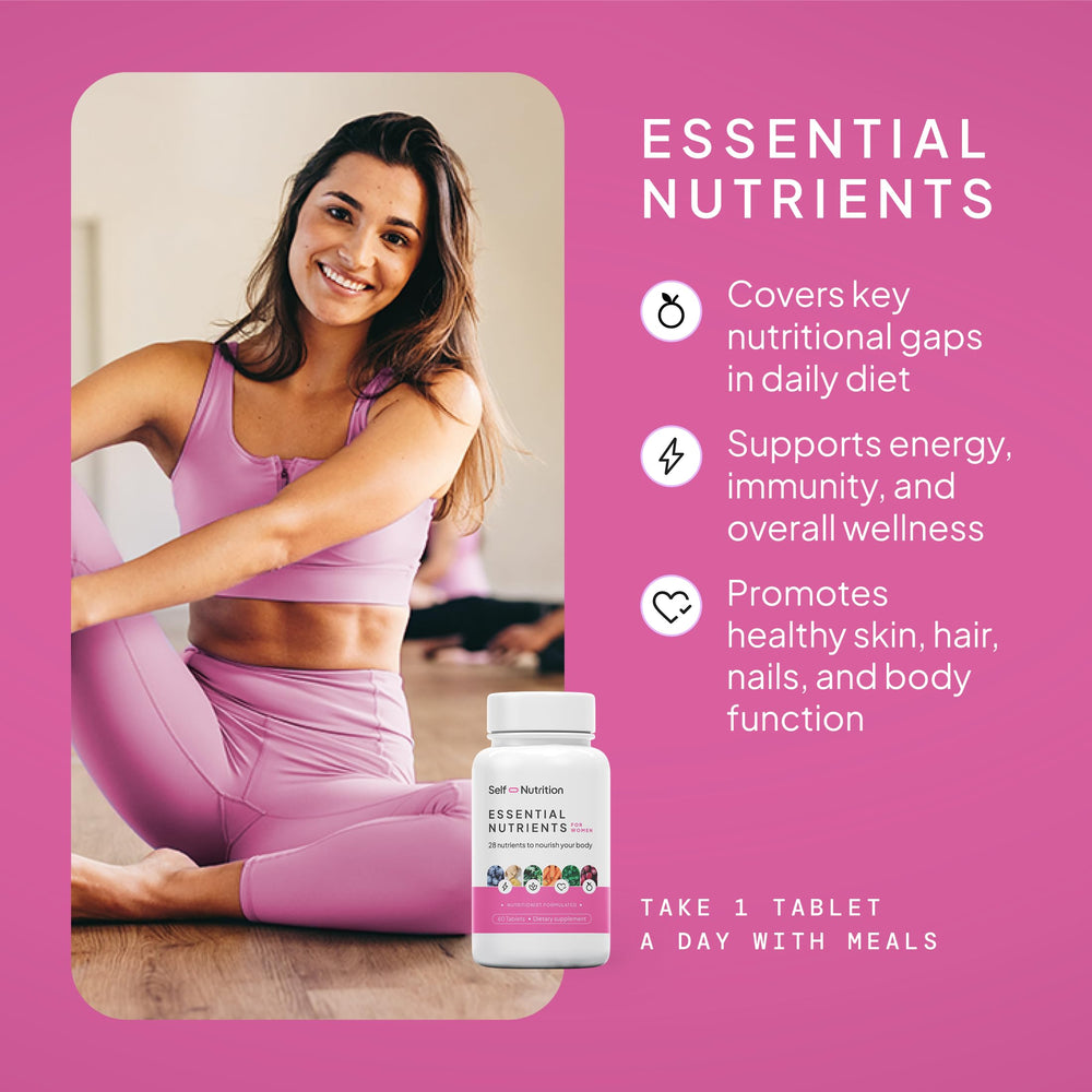 SELF NUTRITION vegan multivitamins women bottle back label highlights 28 nutrients
