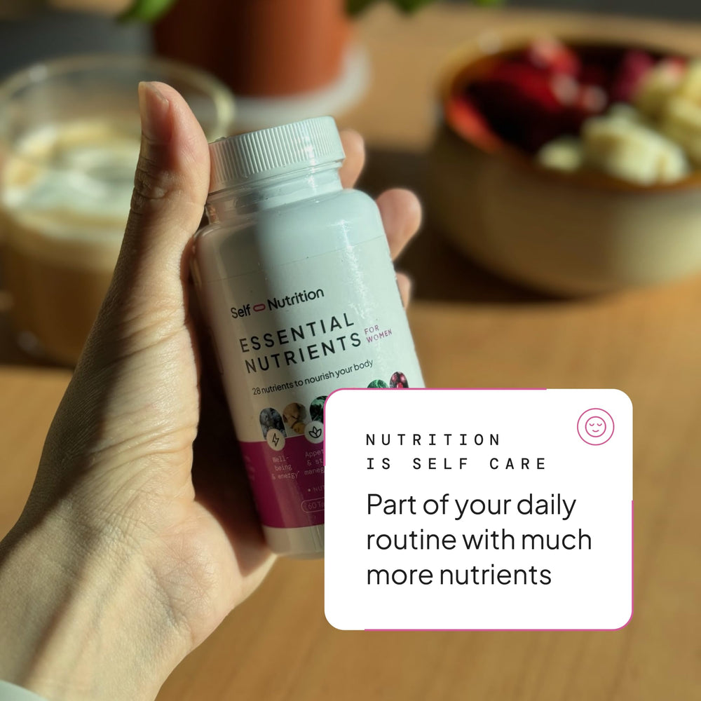 SELF NUTRITION vegan multivitamins women packaging flatlay with clean, modern design