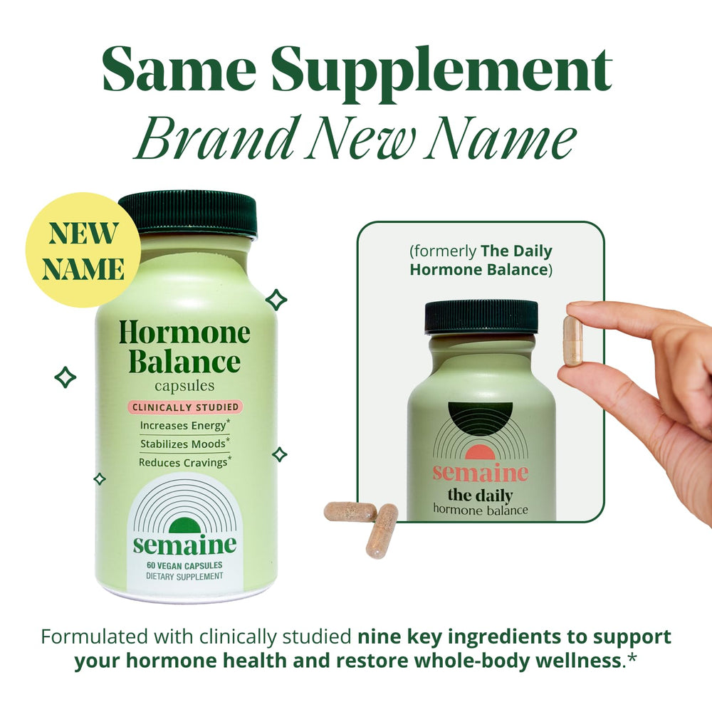 Semaine Hormone Balance bottle label close-up highlighting vegan capsules.