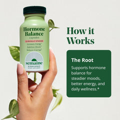 Semaine Hormone Balance bottle pour illustrating easy daily dosing for energy.