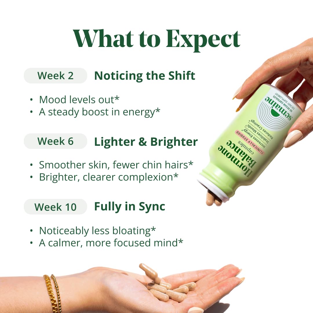 Semaine Hormone Balance bottle beside glass for evening routine and rest.