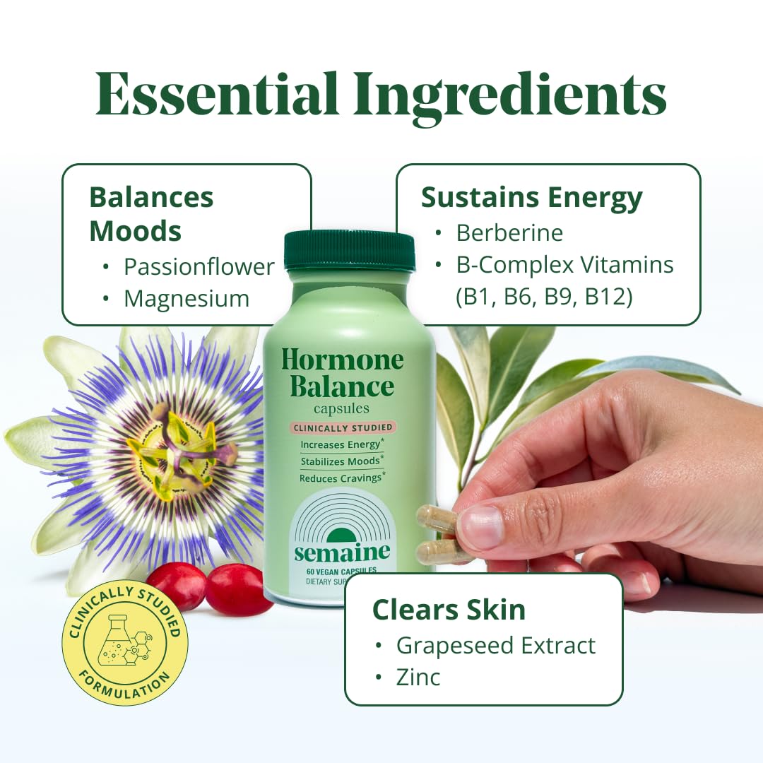 Semaine Hormone Balance capsules in hand for on-the-go balance.