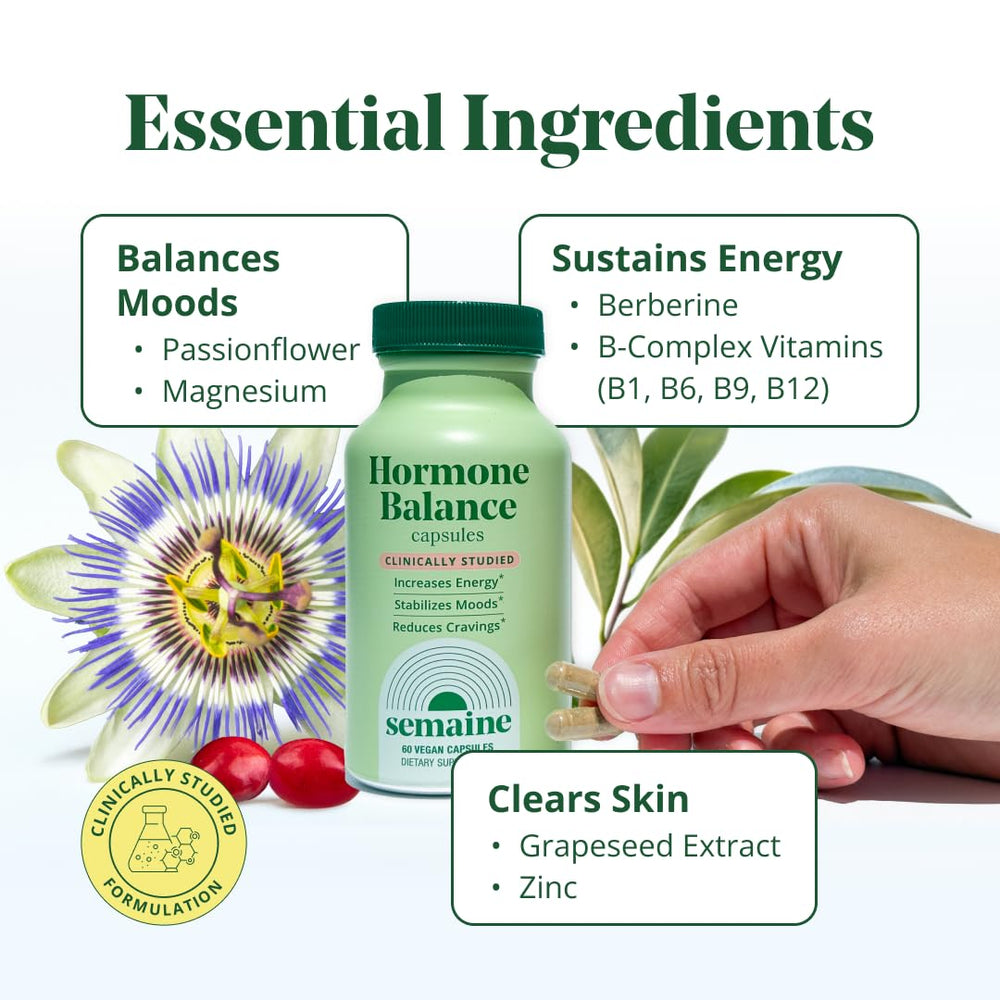 Semaine Hormone Balance capsules in hand for on-the-go balance.