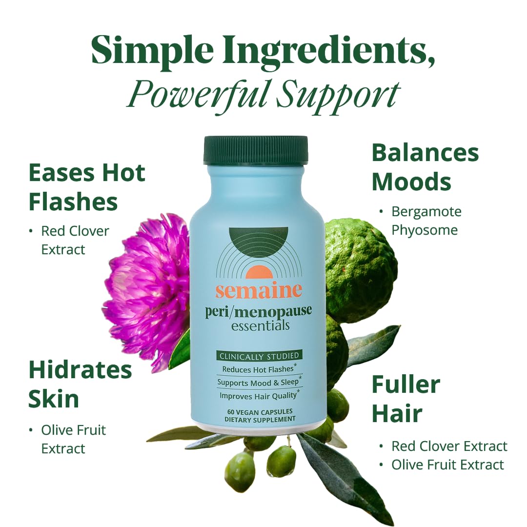 Semaine Peri/Menopause Essentials bottle back listing ingredients and benefits