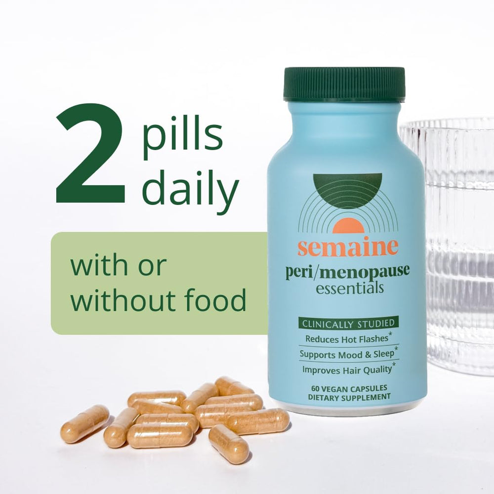 Semaine Peri/Menopause Essentials capsules close-up highlighting plant-based formula