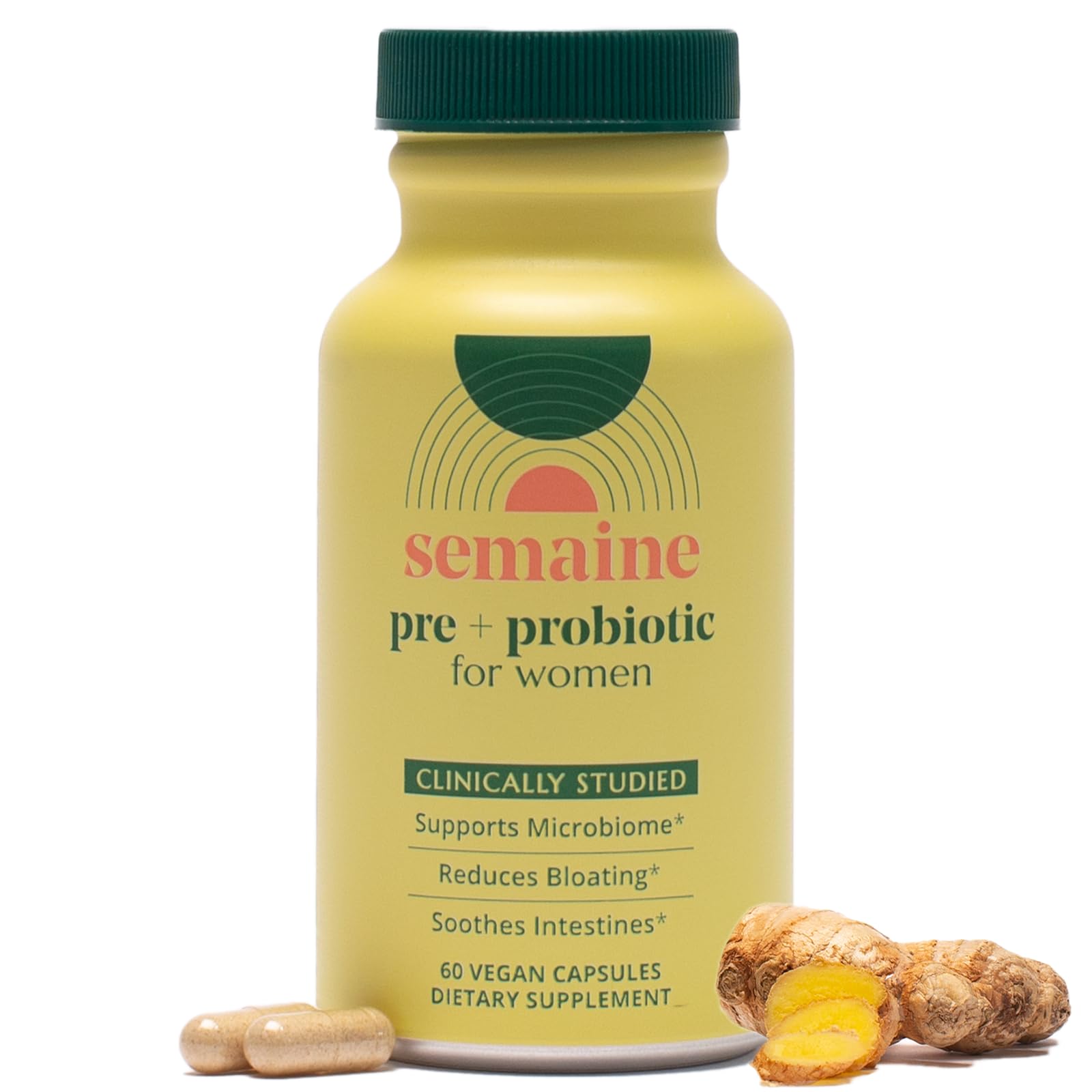 Semaine bottle image highlighting the 3-in-1 gut balance formula
