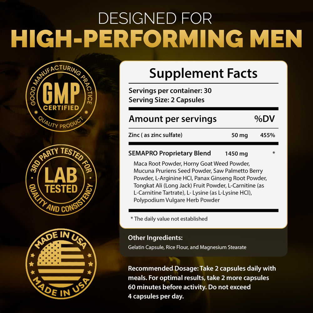 Semapro packaging with USA GMP facility emblem indicating safety standards.